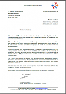 Lettre de félicitations du Cercle d'Amitié France-Karabagh au Président Sahakian