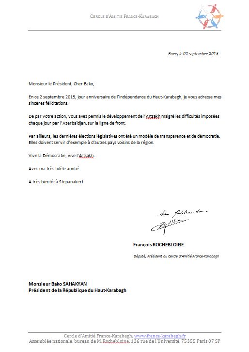 Lettre de Félicitations de François Rochebloine au Président Sahakian